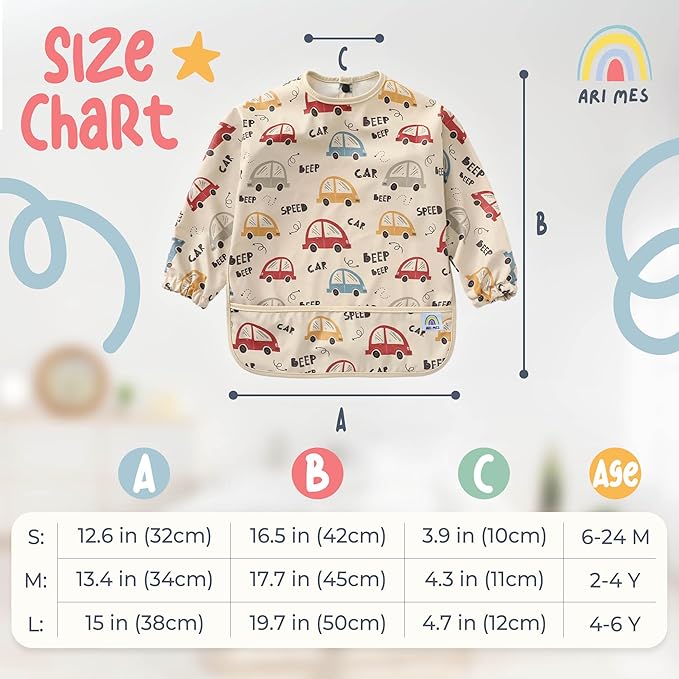 ARI MES Long Sleeves Waterproof Baby Bibs for Eating - Pink, Large- Wearable, Coverall for Toddler, Long Sleeve Bib, Smock Apron for Feeding - Applicable for 6-72 Months