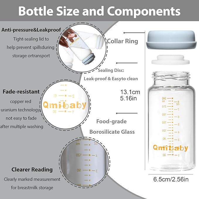 Breast Milk Storage Bottles 240ml 8oz BPA-Free Leak-Proof Baby Bottle for Breastmilk Storage Wide Neck Bottles with Screw Ring Sealing Disk Breastfeeding (Grey, 240ml-4Packs)
