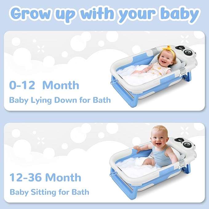 Collapsible Baby Bathtub for Newborn, Baby Bath Tub with Thermometer & Soft Floating Cushion & Drain Hole for Infant to Toddler, Portable Travel Bathtub with No-Slip Feet for 0-36 Months-Blue