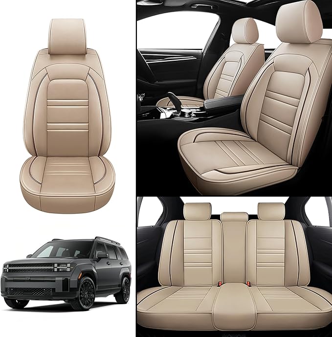 Seat Covers for Hyundai Car Santa fe 2001-2025 | 5-Seats Leather Seat Covers, Easy to Install Automotive Seat Covers Full Set (Full Set, Beige)