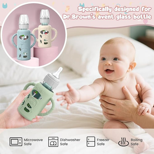 3 PCS Dr Brown Glass Bottles Silicone Sleeves, Compatible with Dr Browns Glass Bottles 4 oz, Anti-Drop Dr Brown Baby Bottles Sleeves with Handles, Heat-Insulating and Easy to Clean