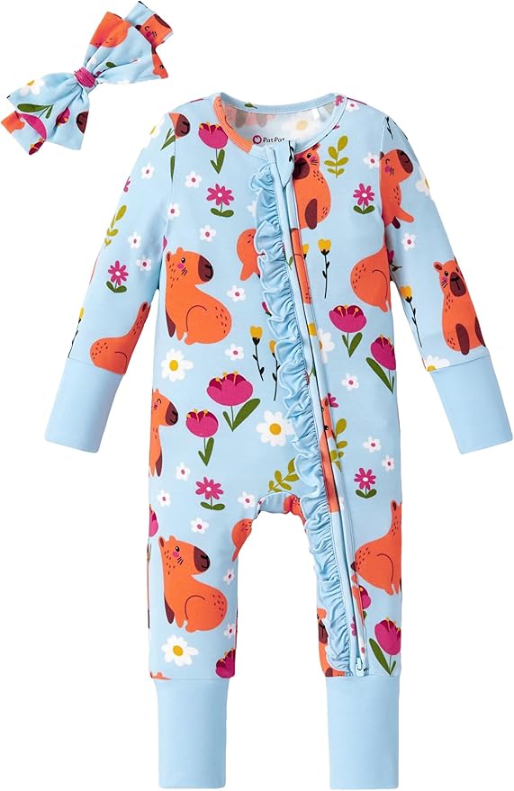 PATPAT Baby Girl Boy Clothes Newborn Infant Footie – Soft Viscose from Bamboo– 2-Way Zipper, Fold-Over Mitten, Ruffle Trim