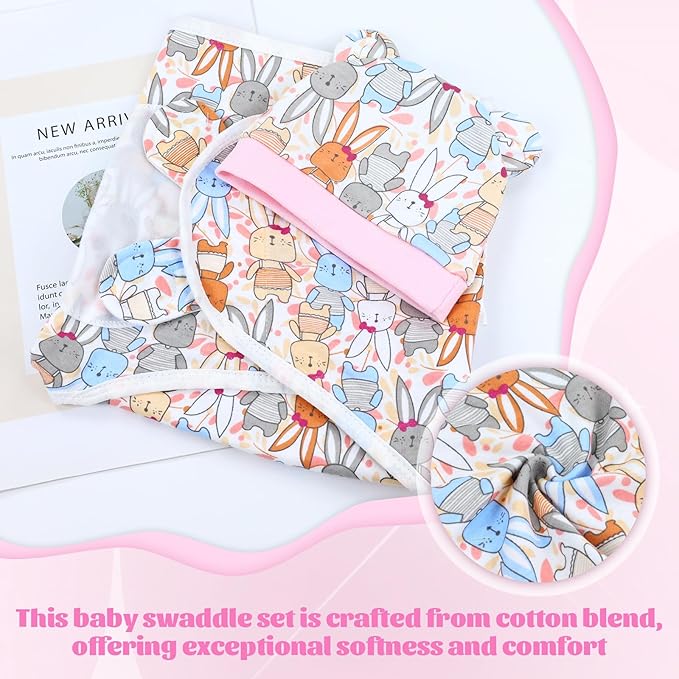 Cinaci 2 Pieces Adjustable Soft Cotton Baby Swaddle Sleep Sacks Hats Newborn Nursery Caps Beanies Bonnets Swaddle Blanket Wraps for Baby Girls Boys Infants Newborns (2PCS S5)