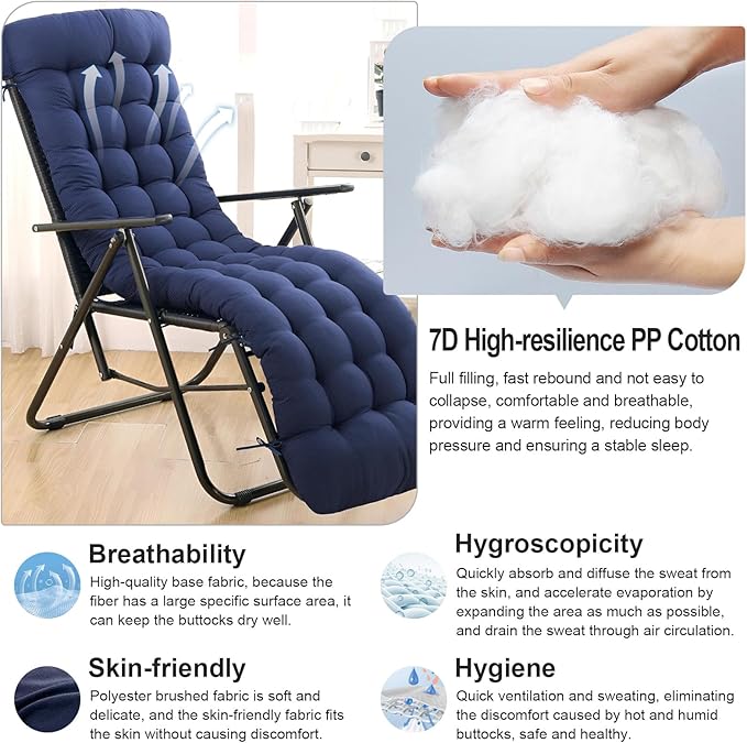 ERWUDEling Extra Wide 67 Inch Sun Lounger Cushion - Thick Blue Patio Chair Pad, Slip Pad w/8 Ties, Zero Gravity Chairs/Outdoor Garden Loungers