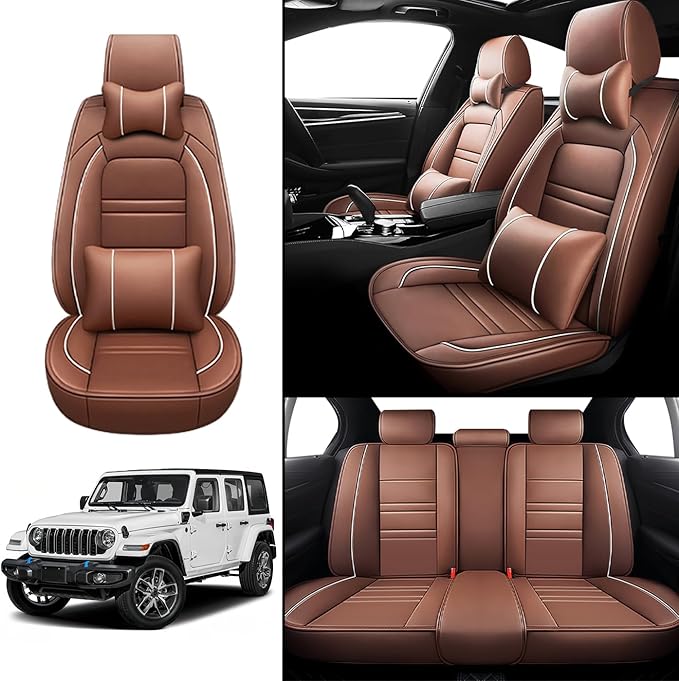 Car Seat Covers for JP Wrangler 2007-2025 | 5-Seats Seat Covers, Waterproof Seat Protectors, Automotive Seat Covers (Full Set with Pillow,Coffee)
