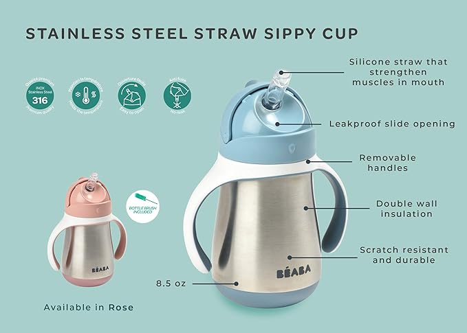 BEABA Stainless Steel Straw Sippy Cup, Insulated Toddler Cups Spill Proof with Removable Handles, Made with High Grade Stainless Steel, 8+ months, 8.5 oz, Rose