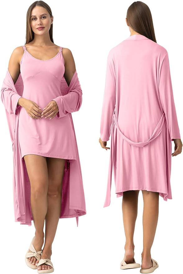 SUNNYBUY Women's Nursing Nightgown Maternity Robe Set, 3 in 1 Labor Delivery Breastfeeding Dress Postpartum Sleepwear