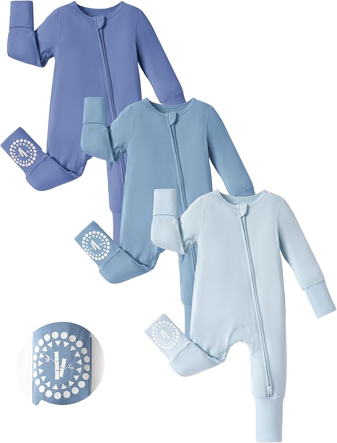 PATPAT Baby Footies Boys Girls - Bamboo Viscose - Zipper & Non-Slip Soles Romper Mitten - Footed & Footless Infant Clothes