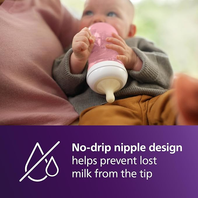 Philips Avent Natural Baby Bottles with Natural Response Nipples (Medium Flow, Flow 3), 9oz, Pink, 4-Pack, SCY903/14