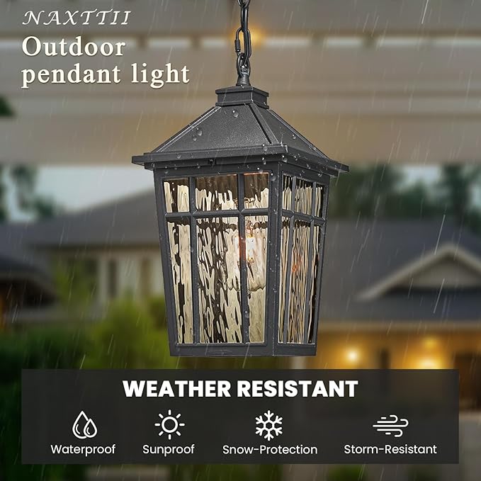 Large Outdoor Pendant Lights for Porch 15.2 Inch Dusk to Dawn Black Hanging Porch Lights Outdoor Waterproof Exterior Hanging Light Fixture with Adjustable Chain E26 Socket