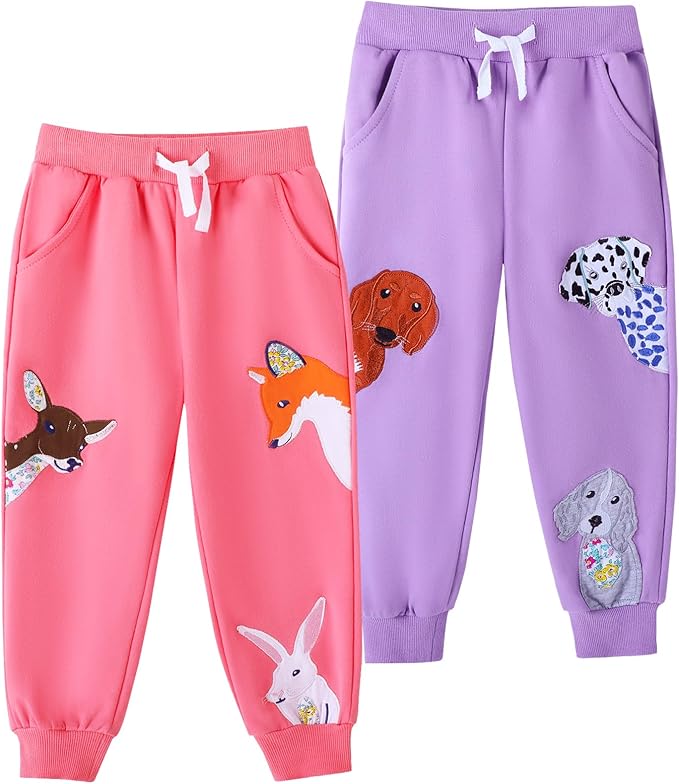 HILEELANG Girls Cotton Joggers Sweatpants Embroidery Drawstring Waist Pockets Casual Pants for Kids 12M-7Y