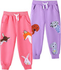 HILEELANG Girls Cotton Joggers Sweatpants Embroidery Drawstring Waist Pockets Casual Pants for Kids 12M-7Y
