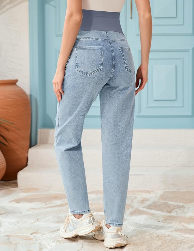 POSHGLAM Women's Maternity Jeans Over Belly Comfy Stretch 28'' Boyfriend Jeans Loose Pregnancy Pants, S-XXL
