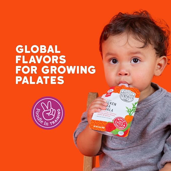 Serenity Kids 6+ Months Toddler Food Pouches - 3.5 oz, Pack of 6-5g Protein & Baby Food Protein Pouches - Chicken Tikka Masala & Chicken Puree - Quick Toddler Meals & Baby Snacks