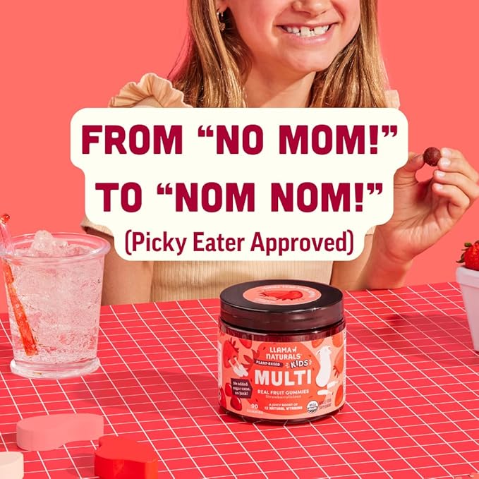 Llama Naturals Kids Multivitamin Gummies, Vegan, Organic with Vitamin D, C & K, Toddler Real Fruit Gummy Vitamins, Chewable Supplement, Whole Food Multivitamin, No Added Sugar Cane, Strawberry, 2 Pk