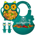 Toddler Silicone Suction Plate with Spoon and Fork, Adjustable Bib, Blue Owl