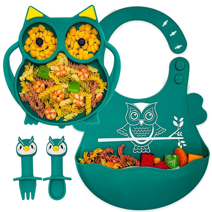 Toddler Silicone Suction Plate with Spoon and Fork, Adjustable Bib, Blue Owl