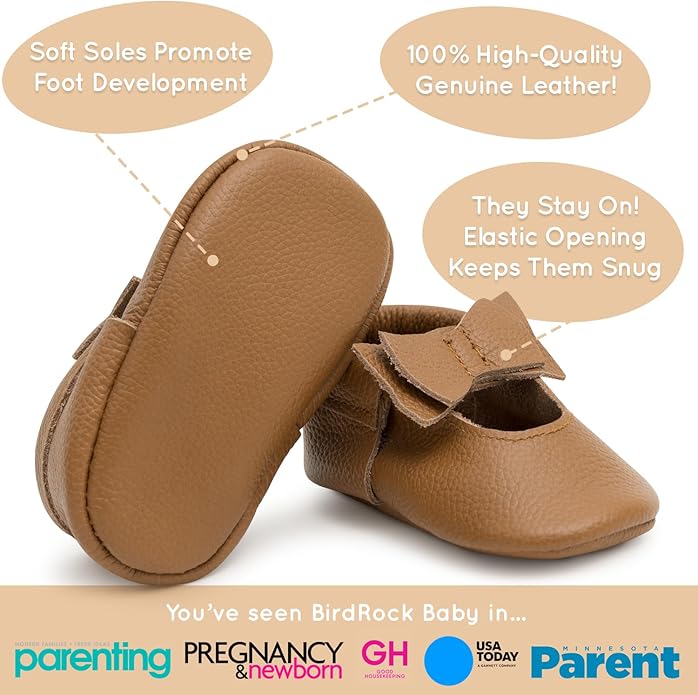 BirdRock Baby Bow and Knot Moccasins - Genuine Leather Baby Girl Shoes