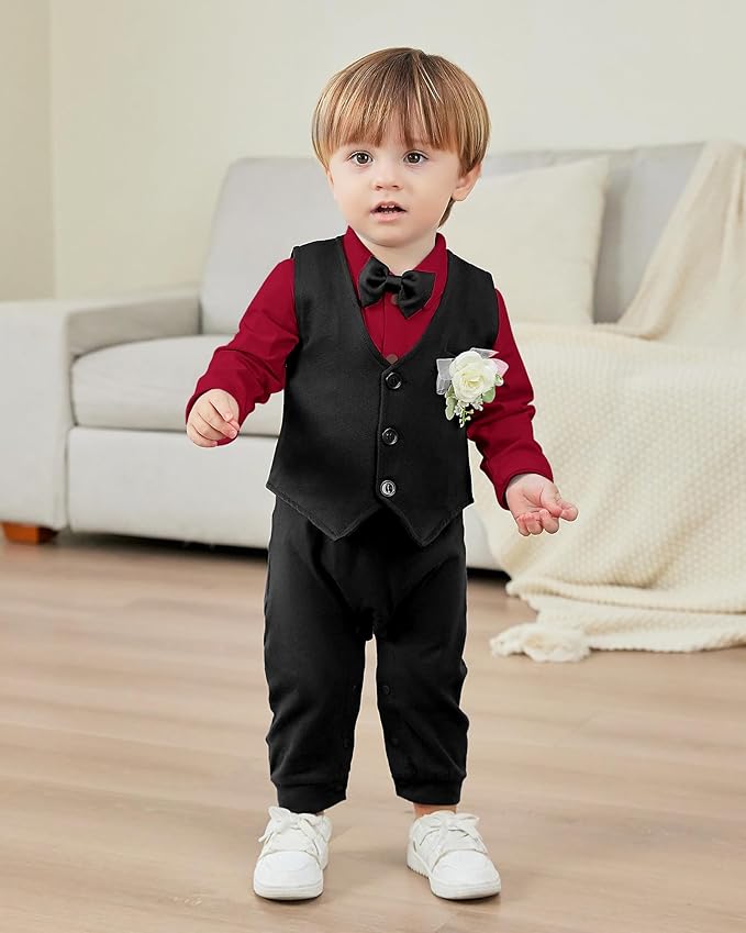 Baby Boy Clothes Gentleman Baby Suit Long Sleeve Romper+Vest+Bow Tie+Corsage 4Pcs Boys Formal Jumpsuit