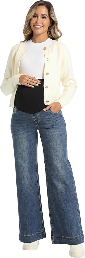 Foucome Women's Maternity Jeans Wide Leg Trendy Comfy Stretchy Straight Leg Pregnancy Denim Pants