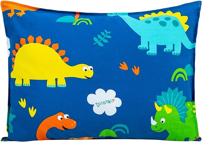Toddler Pillow with 100% Organic Cotton Pillowcase 14x19, Cottonblue Kids Bedding Pillow for Sleeping, Machine Washable, Boys Pillow and Pillow Cover for Travel, Cot, Bed Set, Blue Dinosaur