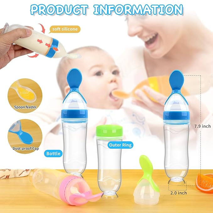 WAJIAYON Baby Food Feeder 4 Pack Silicone Baby Food Dispensing Spoon-3 oz Squeeze Feeding Spoons with Suction Cup for Boys Girl Kids Toddlers - Self Feeding Bottle Spoon-Blue