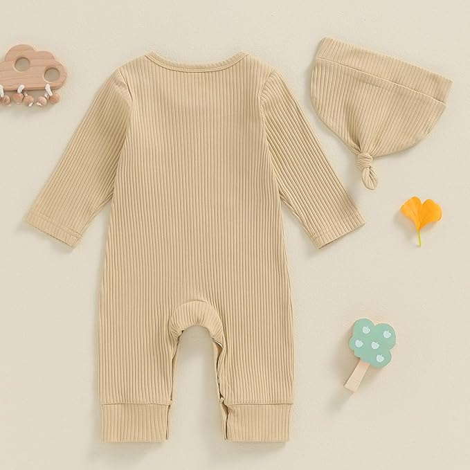 Fernvia Newborn Baby Boy Clothes Letters Print Bodysuit 3 6 9 12 18 Months Long Sleeve Jumpsuit with Hat 2PCS Outfits Set
