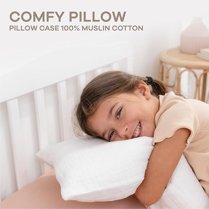 Comfy Cubs Toddler Pillow with Muslin Pillowcase, 13 x 18 in, 2 Pack - Travel and Sleep Support for Kids - Lightweight, Breathable Microfiber Fill - Soft and Cozy Small Pillow for Toddlers - White