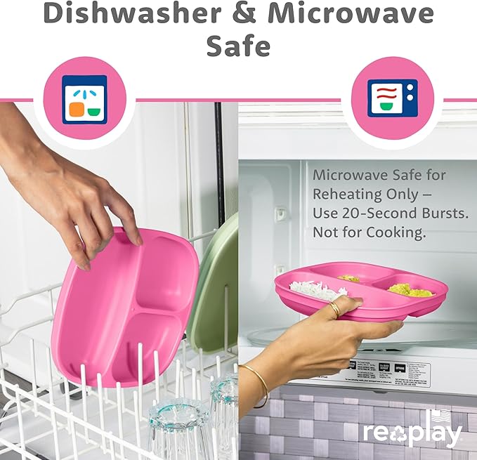 Re-Play Toddler Plates with Dividers - Deep-Walled 3 Compartments Divided Plates for Kids - Dishwasher & Microwave Safe - Made in USA - Set of 3-7.37" x 7.37" x 1.25" - Berry