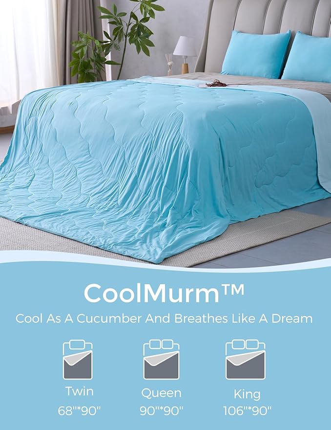 Momcozy Life CoolMurm Cooling Comforter for Hot Sleepers, Full/Queen 90"x90" Soft Breathable Pregnancy Cooling Blanket, 3-Second Cooling, 8 Hours+ Stay Cool All Night, Deep Light Blue