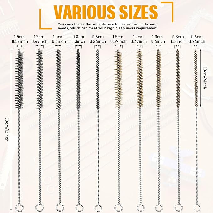 Wire Tube Brushes Bulk for Cleaning Pipe Tube Brass Stainless Steel Round Wire Brush for Auto Parts Christmas, Bottles, Tubes, 5 Sizes(10 Pieces)