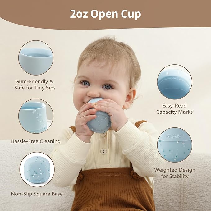 Moonkie Silicone Baby Cups 4 Months+ | Tiny Open Training Cups for Infants with Confetti Sprinkles | Baby-Led Weaning Essential | 2 oz (Ether/Ivory, 2 Pack)