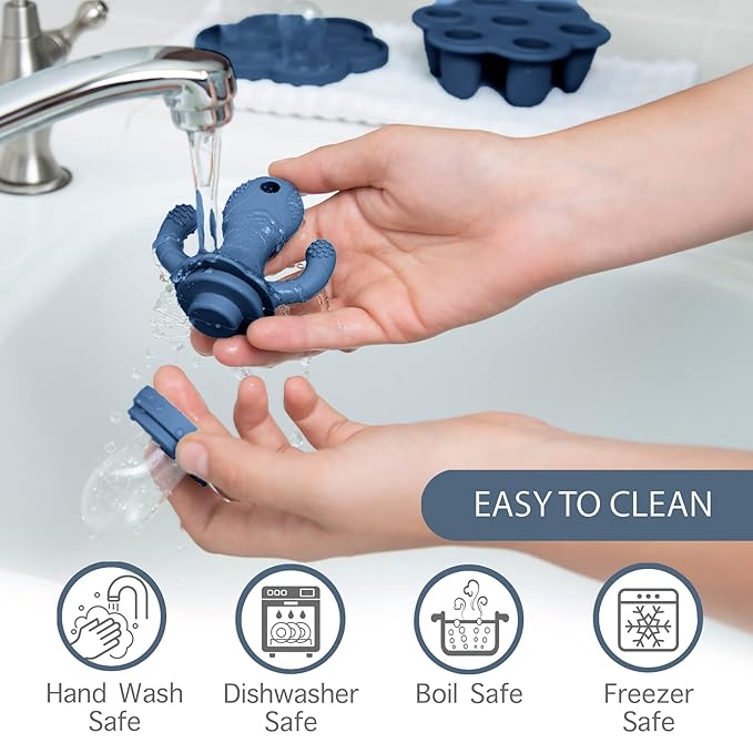 Little Twig Baby Fruit Feeder Pacifier Teether | Food Freezer Tray with Lid | BPA Free Silicone Freezable Teether | Feeding Set for Breast Milk Ice Cubes, Baby Food, Fruit Purees (Steel Blue)