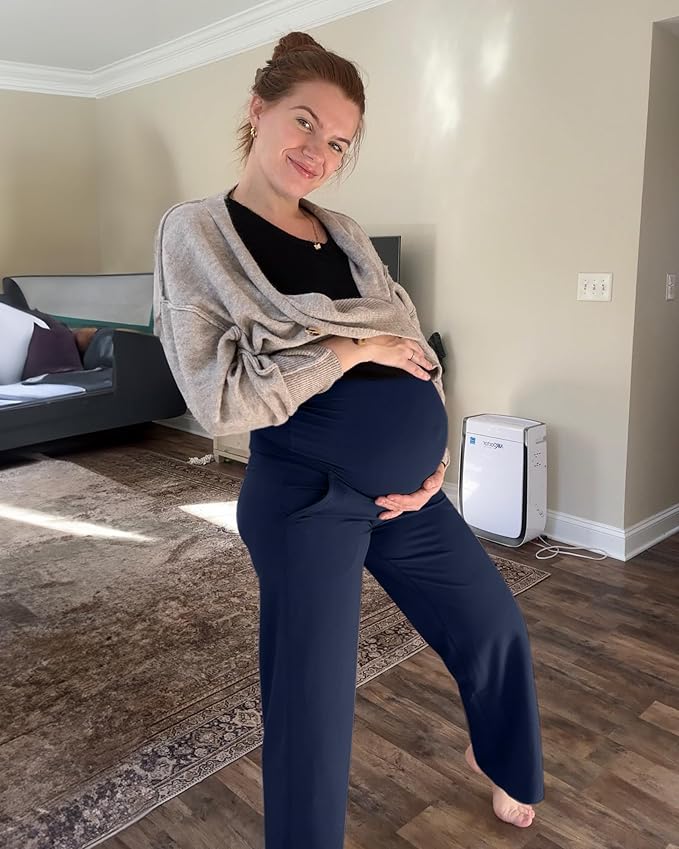 G4Free Maternity Pants Over The Belly Yoga Dress Work Pregnancy Pants Stretchy Lounge Wide Leg Trousers with Pockets