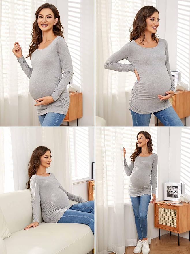 Ecavus Women's Maternity Shirts Long Sleeve Soft Stretchy Pregnancy Tops Side Ruched Casual Mama Clothes