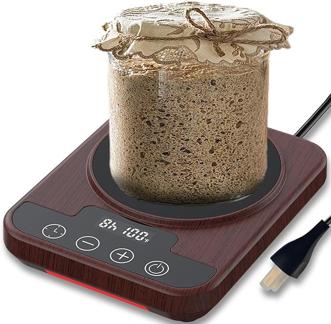 Sourdough Starter Warmer Mat, 12H Timer Warming Heating Pad, Precise 1°F Thermostat Control (70-100°F), Smart Memory Warming On/Off, Fits Jars Up to 40oz, Perfect for Home Baking (Wood)
