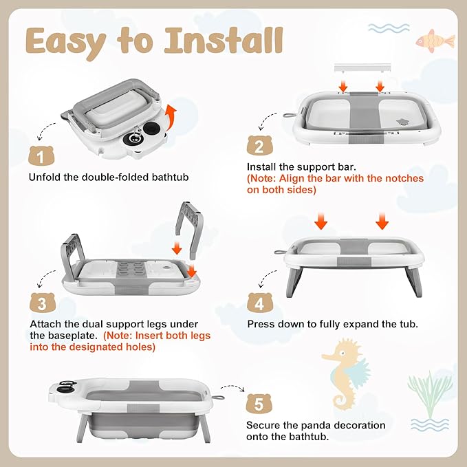 Collapsible Baby Bathtub for Newborn, Baby Bath Tub with Thermometer & Soft Floating Cushion & Drain Hole for Infant to Toddler, Portable Travel Bathtub with No-Slip Feet for 0-36 Months-Gray