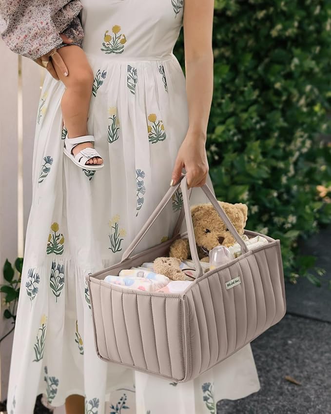 Blissful Diary Baby Diaper Caddy Organizer, Stylish Storage Basket for Newborn Essentials and Diaper Station, Gift for Baby Shower and Registry Must-Have, Sand