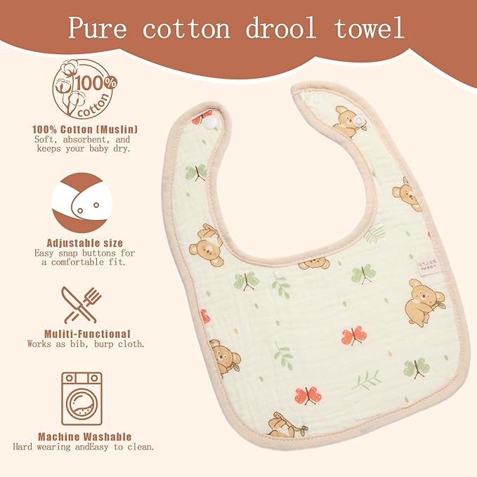Muslin Baby Bibs,Pure cotton absorbent and breathable, suitable for boys and girls aged 0 to 36 months, 6-piece set