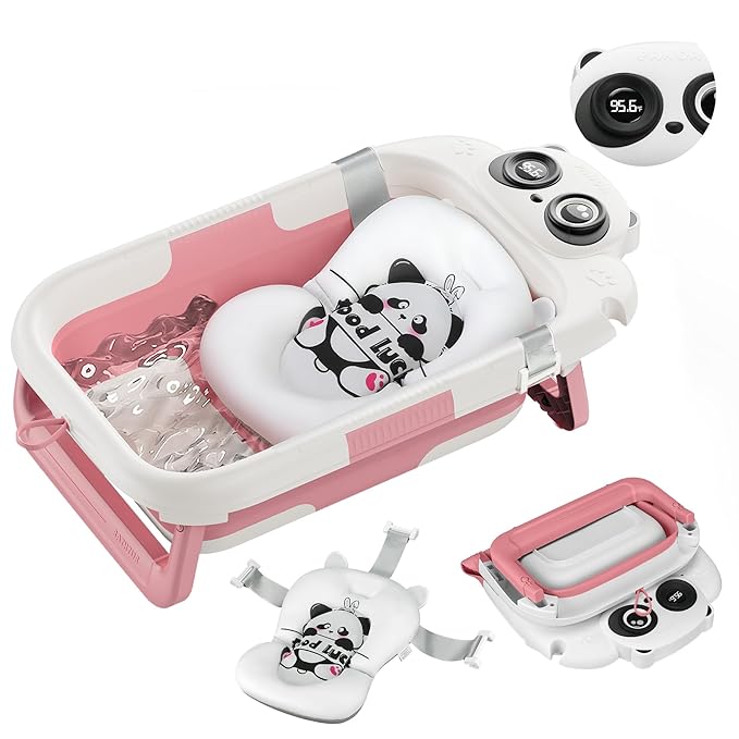 Collapsible Baby Bathtub for Newborn, Baby Bath Tub with Thermometer & Soft Floating Cushion & Drain Hole for Infant to Toddler, Portable Travel Bathtub with No-Slip Feet for 0-36 Months-Pink