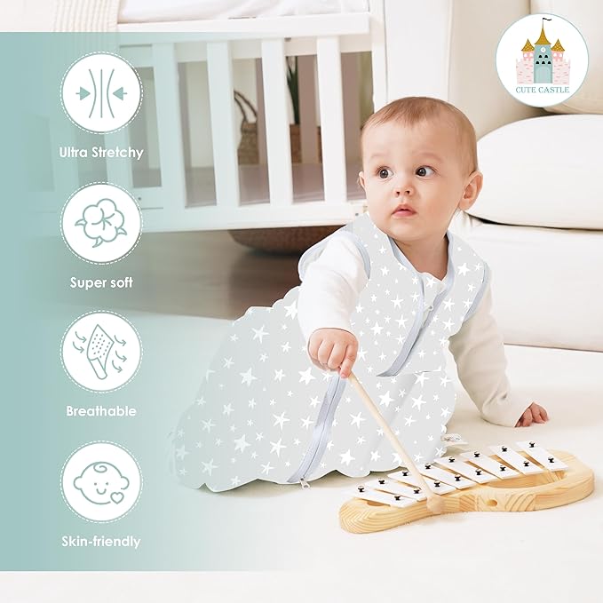 Cute Castle Baby Sleep Sack 18-24 Months - Lightweight 100% Cotton 2-Way Zipper TOG 0.5 Infant Wearable Blanket, Newborn Essentials Toddler Sleep Clothes, 3 Pack(Gray, Letters, Stars)