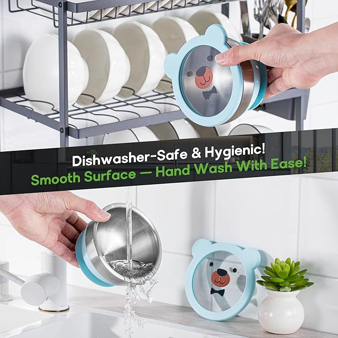 Suction Bowl and Spoon Set for Babies and Toddlers Non-Slip Silicone Suction Cups, Advanced 304 Stainless Steel Bowls, Double-Layer Insulation, and BPA-Free Lids Food-Grade Safety BLUE