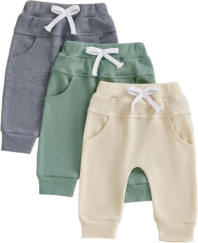 Sejardin Toddler Baby Boy Girl Pants 3 Pack Solid Color Elastic Waist Jogger Sweatpants Newborn Infant Casual Bottoms