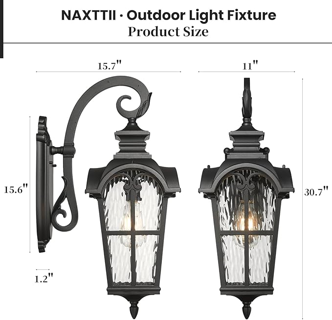 Outdoor Wall Sconce Light Exterior Lighting Fixtures in Black Finish 31 Inch Height Large Size Outdoor Wall Lights with Water Ripple Glass E26 Socket Waterproof