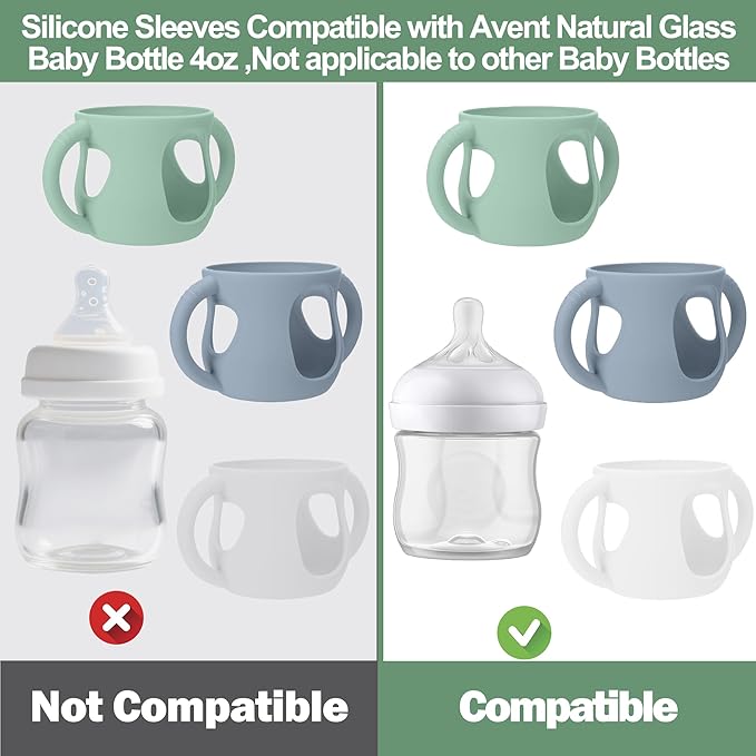 BUSOHA 3 Pack Silicone Sleeves for Avent Baby Bottles - Anti Breakage Baby Bottle Holder with Handle for Avent Natural Glass Baby Bottles,Compatible with Avent Baby Bottle,4 oz