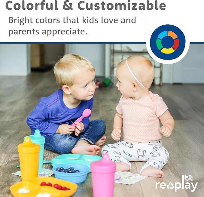 Re-Play Toddler Plates with Dividers & Silicone Lid - Deep-Walled 3 Compartments Divided Plates for Kids - Dishwasher/Microwave Safe - Made in USA - Set of 4-7.37" x 7.37" x 1.25" - Cool Naturals