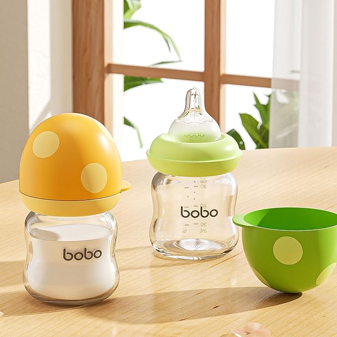 YOHKOH Natural Glass Baby Bottle with Natural Response Nipple, Newborn Anti-Colic Baby Bottles, Wide Neck Mushroom Cap Baby Bottle, Clear (Green, 3.4oz (Pack of 4))