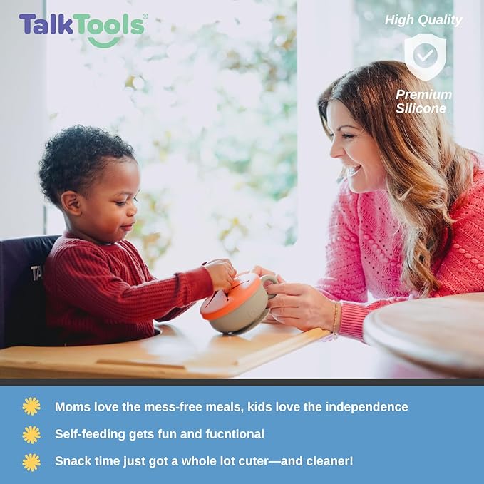 TalkTools Itsy Bowl with Locking Lid - Platinum grade silicone with Volume Lines, Curved Walls for Easy Scooping - for Babies, Toddlers, Children, and Elderly - Snack Cup Lid Accessory (Cloud)