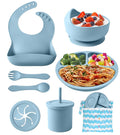Silicone Baby Feeding Set, 10 Pcs Baby Led Weaning Supplies Baby Eating Essentials Set with Suction Bowl Divided Plate Adjustable Bib Soft Spoon Fork Cup with Lid Drinking Cup, Travel Bag (Blue)