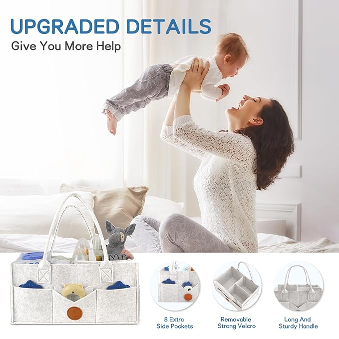 Maliton Baby Diaper Caddy, Car Organizer with Handle, Felt Diaper Caddy for Baby Boy Girl, Changing Table Organizer for Baby Stuff, 16" x 10" x 7" Baby Organizer for Nursery (White)